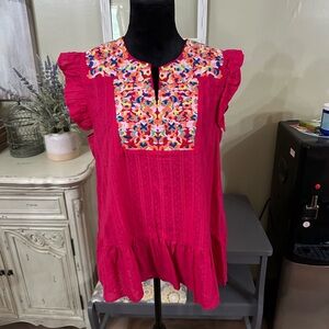 Colorful Embroidered Ruffle Blouse